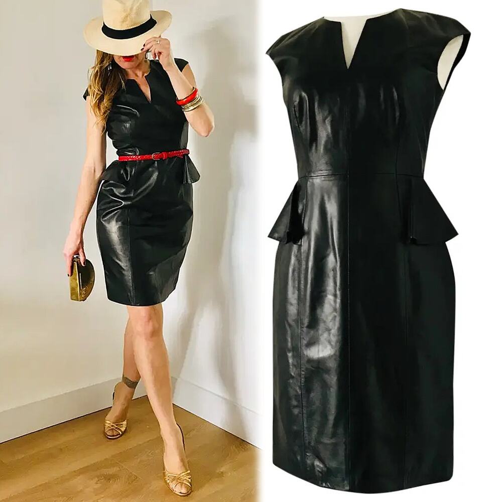 Carolina Herrera Black Lamb Leather V Neck Cap Sleeve Peplum Dress - Size 2